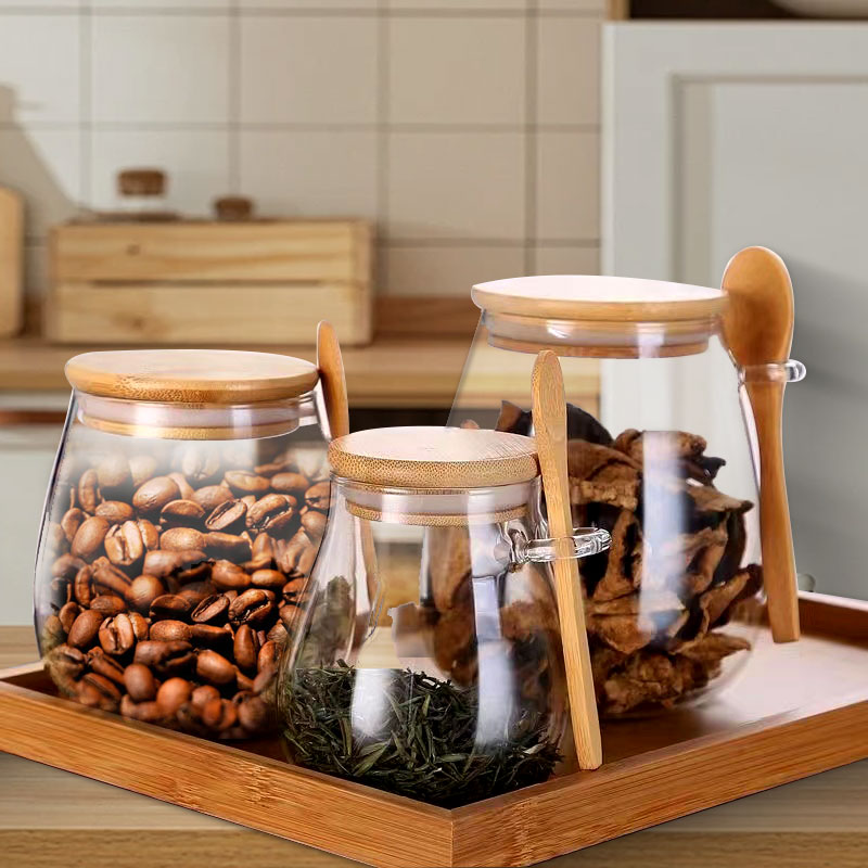 Food Storage Glass Container Set - ขวดโหลแก้วปิดผนึกพร้อมช้อนและฝาขวดเครื่องเทศใสขนาด34ออนซ์โถใส่น้ำตาลกล่องเก็บสินค้าอาหารขนาดเล็กกาต้มน้ำในครัว