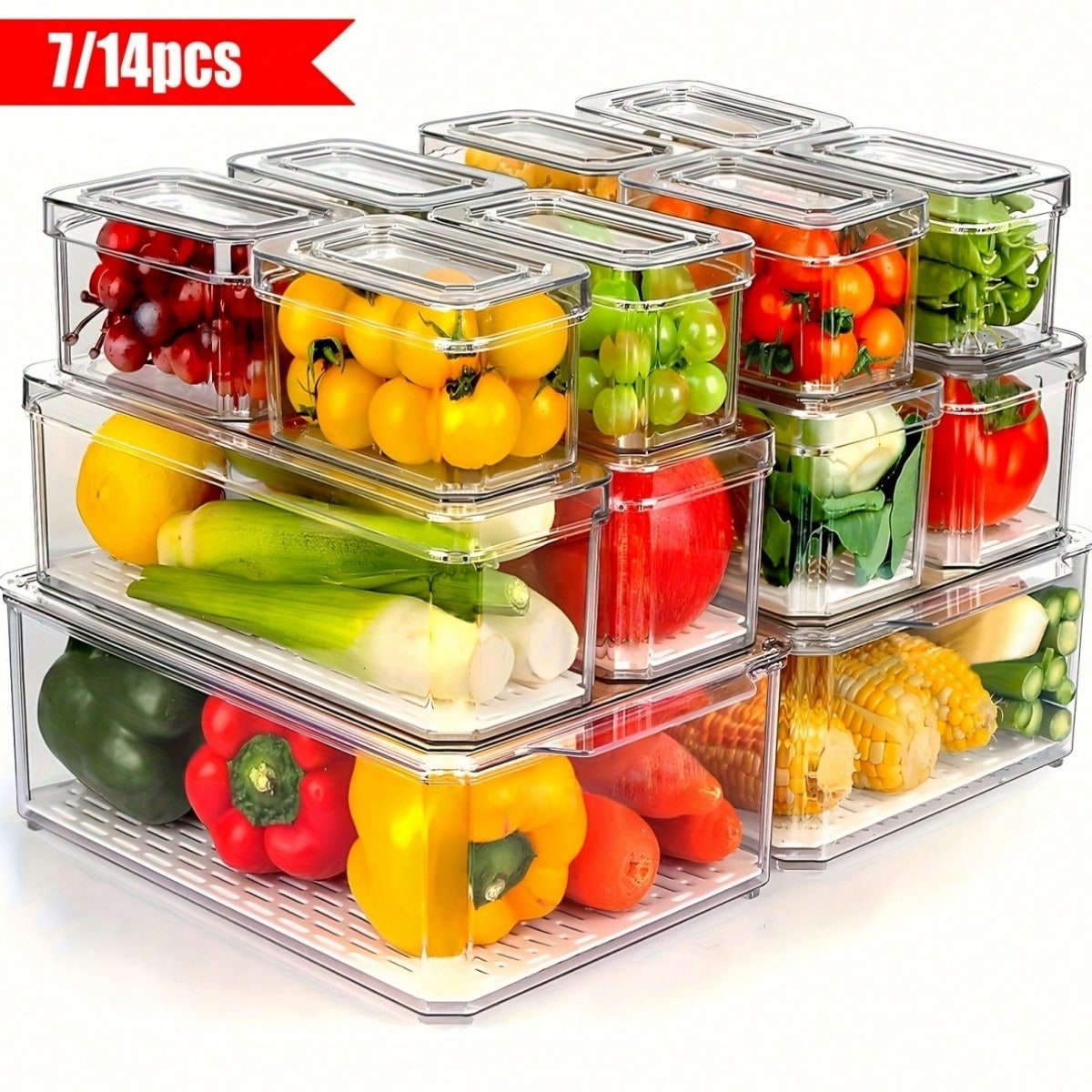Food Storage Containers With Lids - ชุดกล่องจัดระเบียบตู้เย็นแบบซ้อนกันได้ 7/14 ชิ้น พร้อมฝาปิด ช่วยประหยัดพื้นที่ สำหรับเก็บอาหาร