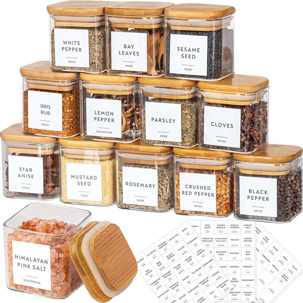 Food Storage Glass Container Set - ชุดขวดโหลแก้วขนาด5ออนซ์พร้อมป้ายเครื่องเทศขวดเครื่องเทศทรงเหลี่ยมพร้อมฝาไม้ไผ่/ฉลากสติกเกอร์ภาชนะบรรจุอาหารกล่องเก็บสินค้า