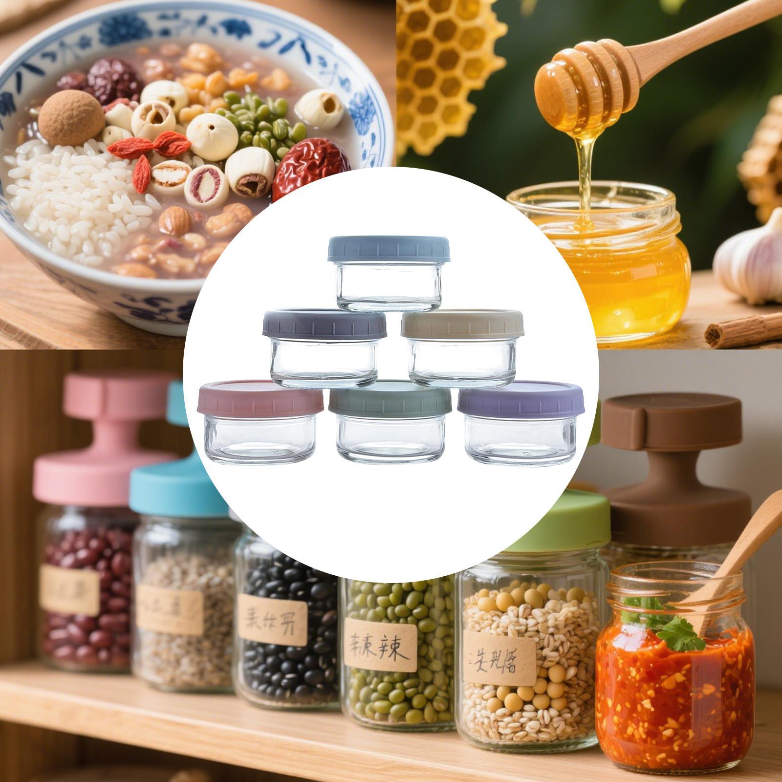 Food Storage Glass Container Set - ขวดแก้วขนาดเล็กพร้อมฝาปิดกันรั่ว ภาชนะทรงกลมแบบเติมได้สำหรับเครื่องเทศ ซอส และการเก็บอาหารในครัว