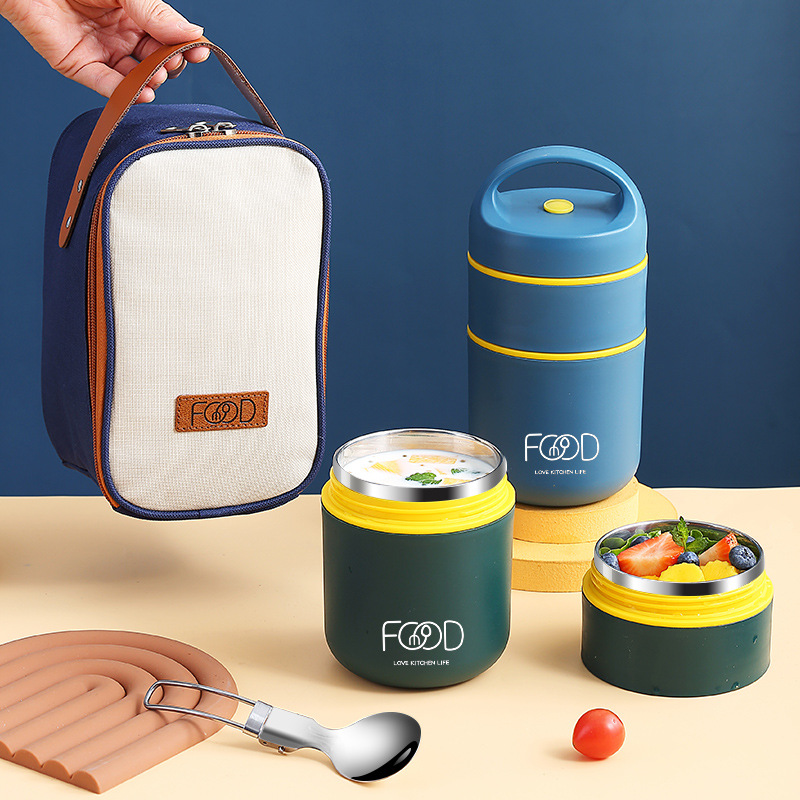 Food Storage Thermos - กล่องอาหารกลางวันสแตนเลสสองชั้นพร้อมกระเป๋า กล่องเก็บอาหารแบบพกพาสำหรับทำงาน โรงเรียน กลางแจ้ง แก้วเก็บความร้อน