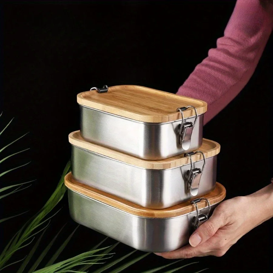 Food Storage With Colander - กล่องอาหารกลางวันสแตนเลส 304 ใหม่ พร้อมฝาไม้ไผ่, กล่องถนอมอาหารสไตล์ญี่ปุ่น, กล่องอาหารกลางวัน,