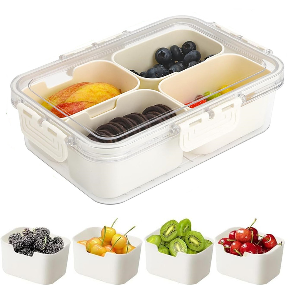 Food Storage With Colander - กล่องเก็บอาหารแบบพกพา, กล่องเก็บขนม, 4 ช่องพร้อมฝาปิด, ถาดแยกสำหรับเสิร์ฟ, กล่องขนมสำหรับครัว,