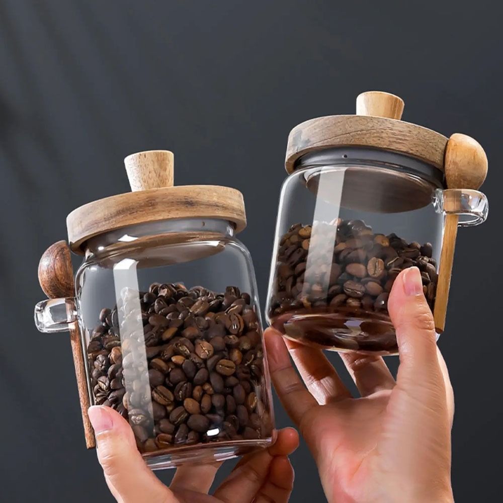 Food Storage Glass Container Set - โถเก็บเมล็ดกาแฟกันความชื้นพร้อมฝาปิดไม้ด้ามจับด้านบนภาชนะปิดผนึกแก้วพร้อมช้อนไม้ ดีไซน์ปากกว้าง