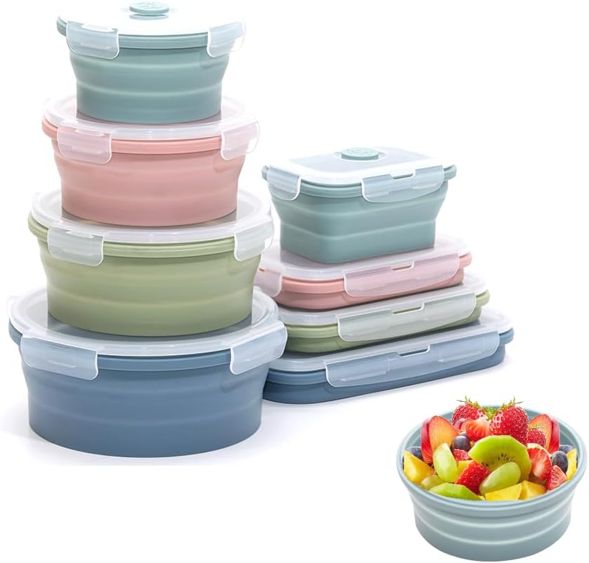 Food Storage Silicone - ชุดภาชนะเก็บอาหารซิลิโคนพับได้ กล่องอาหารพกพากลางแจ้ง 4 ชิ้น ไมโครเวฟ มีหลายขนาดให้เลือก