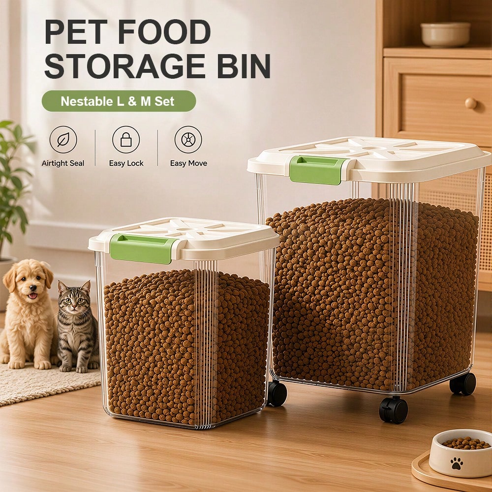 Food Storage Pet - ชุดภาชนะเก็บอาหารสัตว์เลี้ยงขนาดใหญ่และขนาดกลาง 2 ชิ้น, กล่องเก็บอาหารสุนัขและแมวแบบปิดสนิทความจุขนาดใหญ่พร้อมล้อเลื่อนและถ้วยตวงฟรี, พลาสติกใส, ป้องกันความชื้นและแมลง,