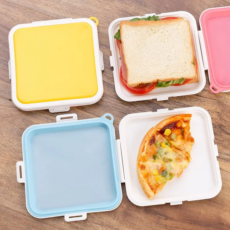 Food Storage Silicone - กล่องเก็บแซนด์วิชแบบพกพา 1 ชิ้น กล่องซิลิโคนสำหรับเก็บอาหารกลางวัน ใช้ซ้ำได้ สามารถแขวนเพื่อเก็บอาหารกลางวันในไมโครเวฟ
