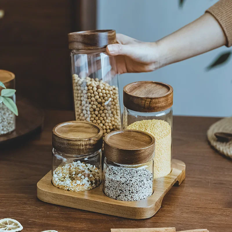 Food Storage Glass Container Set - กล่องเก็บอาหารแบบฝาปิดทำจากแก้วแบบสุญญากาศขวดโหลที่เก็บเครื่องครัวกล่องไม้เก็บอาหารที่ปิดสนิทพร้อมชุดฐาน
