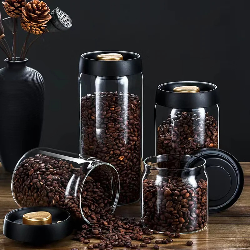 Food Storage Glass Container Set - เมล็ดกาแฟขวดปิดผนึกสูญญากาศ, โถเก็บอาหารแก้วใส, ภาชนะกันความชื้นในครัวเรือนและสุญญากาศ