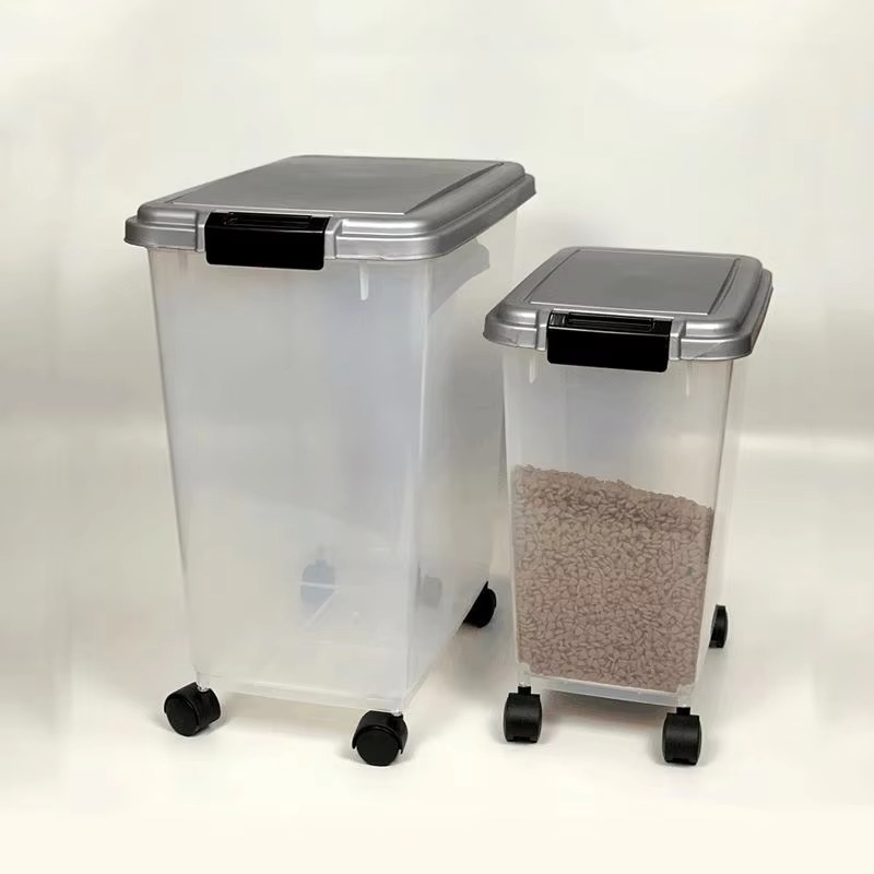 Food Storage Pet - ภาชนะเก็บอาหารสัตว์เลี้ยงพลาสติกสำหรับสุนัขและแมวพร้อมล้อเลื่อน ขนาด S M ขายส่งจากผู้ผลิต