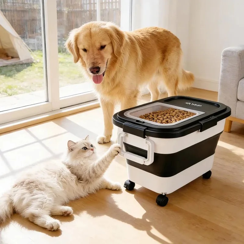 Food Storage Pet - กล่องเก็บอาหารสุนัขขนาด 20-25 ปอนด์ กล่องเก็บอาหารสัตว์เลี้ยงแบบสุญญากาศพร้อมฝาล็อค กล่องเก็บอาหารแบบพับได้พร้อมล้อเลื่อน