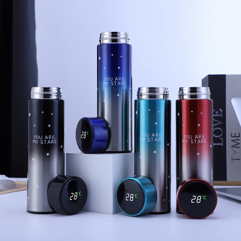 Food Storage Thermos - กระติกน้ำร้อนอาหารแก้วความร้อนอุณหภูมิหน้าจอขวดเก็บอุณหภูมิสแตนเลสแบบอัจฉริยะสำหรับกระบอกน้ำน้ำชาพร้อมถ้วยทำความร้อนขณะเดินทาง