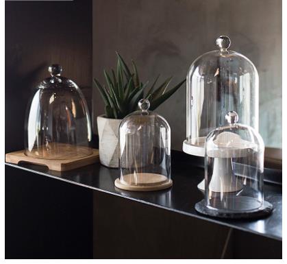 Food Storage Set Glass - ฝาครอบแก้วเก็บความสดสำหรับใส่เค้ก พร้อมถาดไม้ ฐานเซรามิก ชุดขนมหวานทรงกลม พร้อมฐานตั้งตกแต่ง