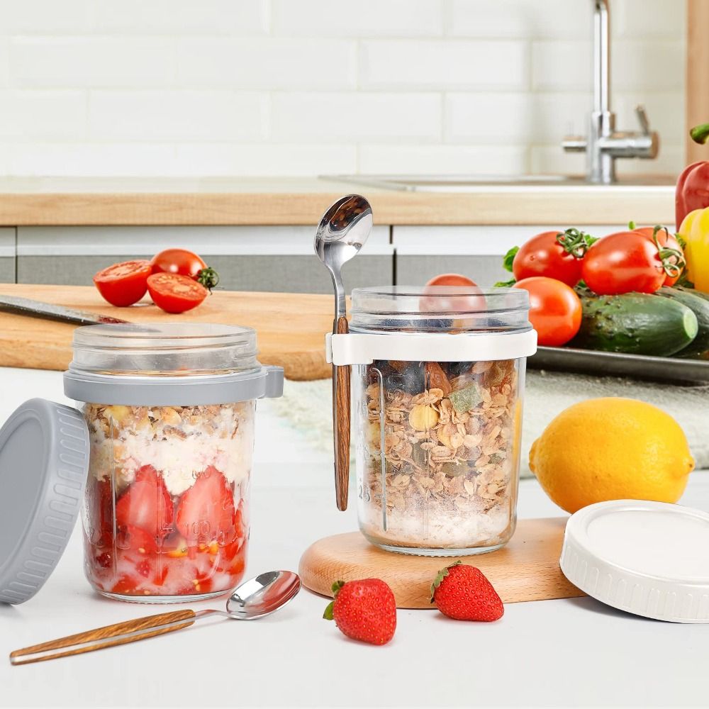 Food Storage Glass Container Set - ขวดโยเกิร์ต 350 มล. ขวดโอ๊ตมีลแบบแช่ข้ามคืน ขวดแก้วมีสเกลวัด ภาชนะใส่ข้าวโอ๊ตแบบใช้ซ้ำได้