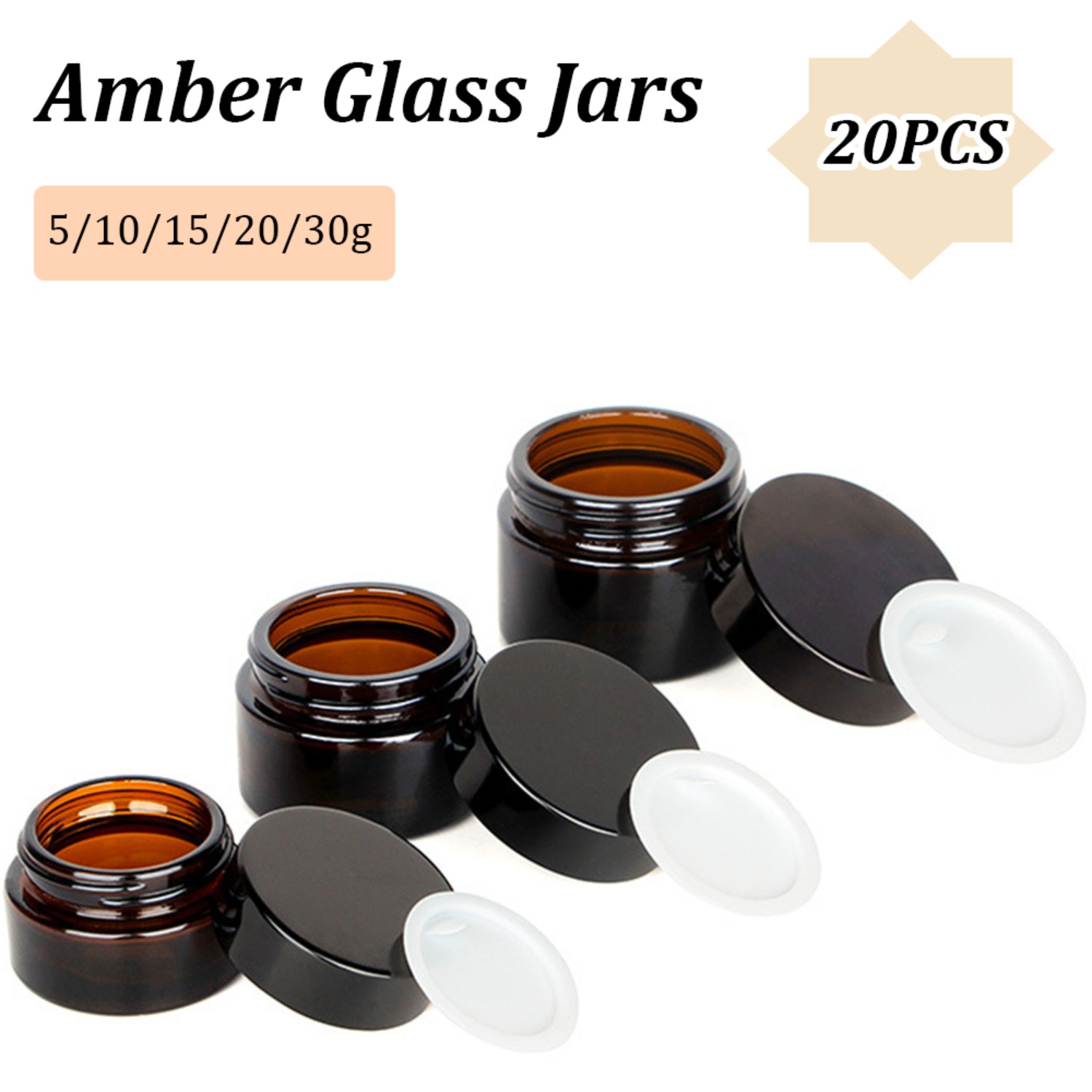 Food Storage Set Glass - 20PCS ขนาดเล็ก Amber Glass Jars พร้อมฝาปิดสีดํา