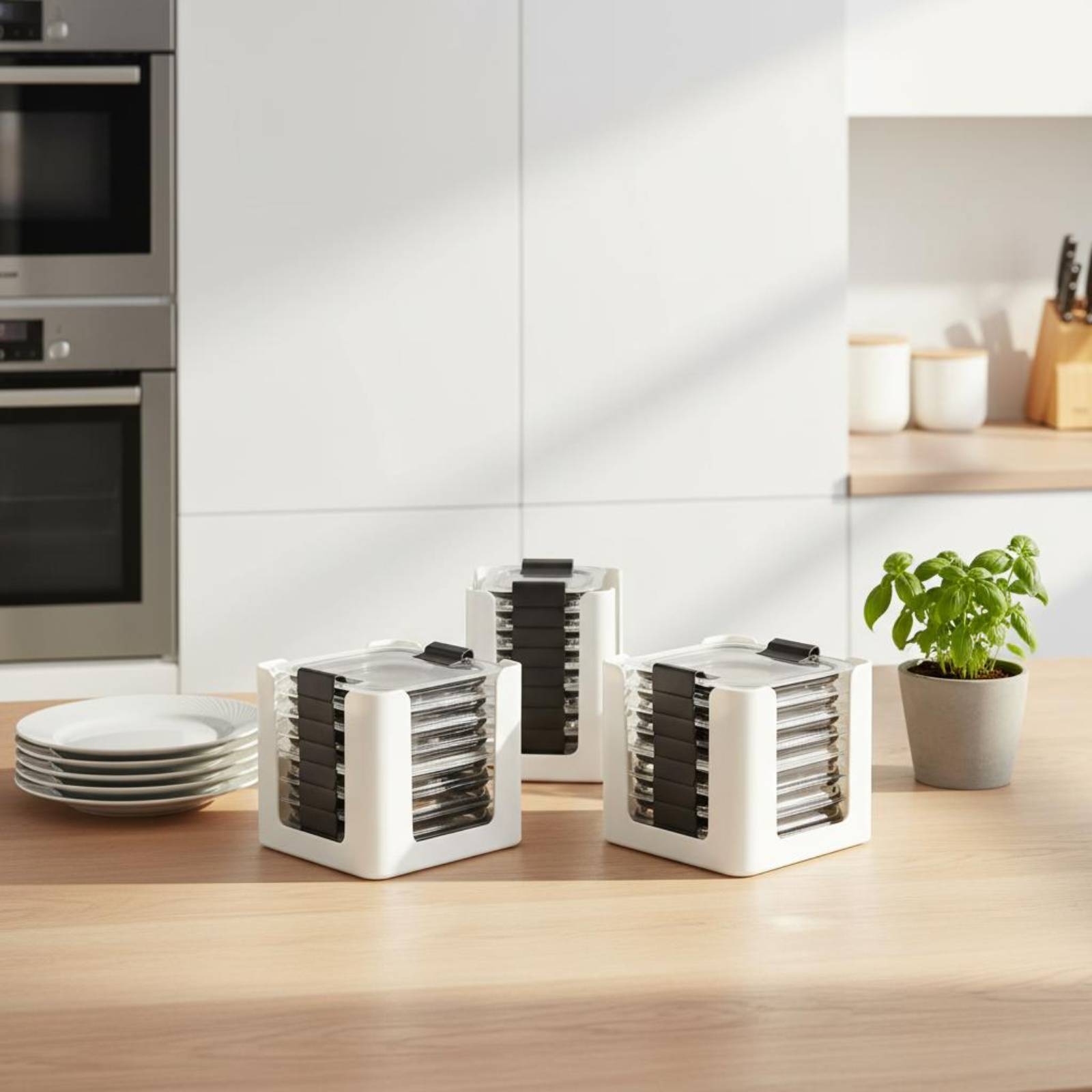 Food Storage Containers With Lids - ชั้นวางฝาปิดภาชนะ 3 ชิ้น สำหรับจัดเก็บฝาภาชนะทรงสี่เหลี่ยมผืนผ้า ช่องเปิดทรงกลม-สี่เหลี่ยม ปลอดสาร