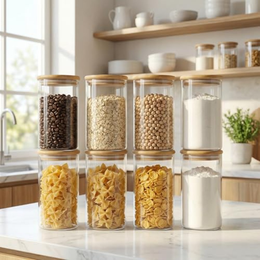 ขวดแก้วฝาไม้ไผ่ 28 ออนซ์ [ชุด  - Food Storage Glass Container Set บทวิจารณ์และราคา